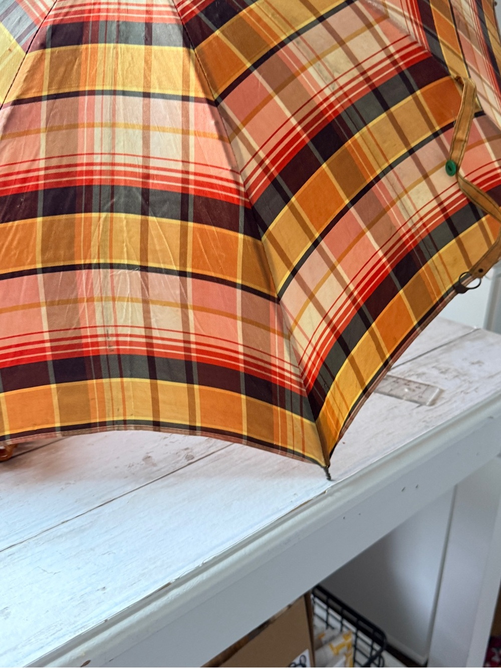 Vintage Plaid Umbrella in Brown, Tan & Gold Tones - Picture 6 of 11